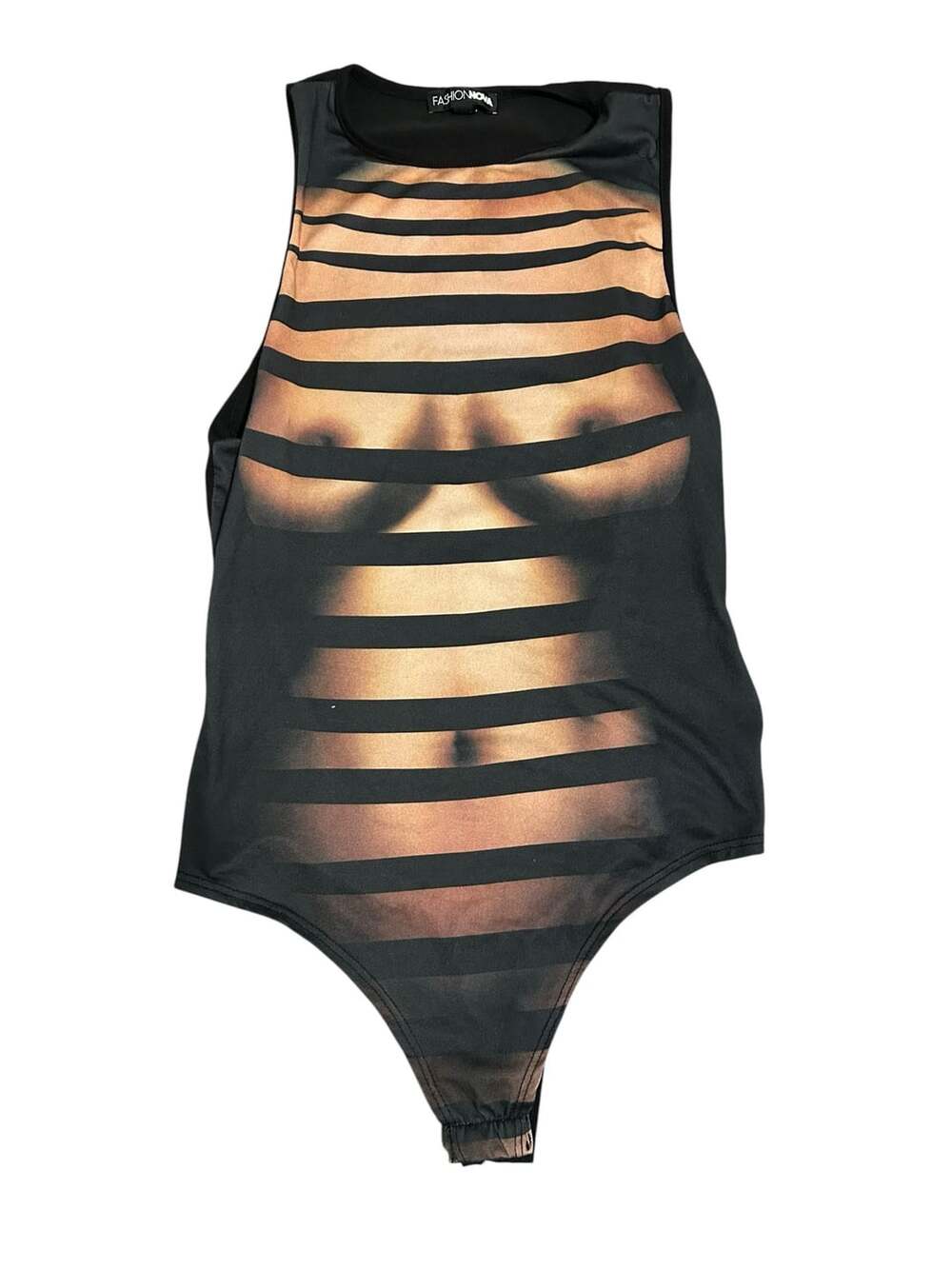 Fashion Nova Optical Illusion Naked Body Print Cutout Sleeveless Bodysuit